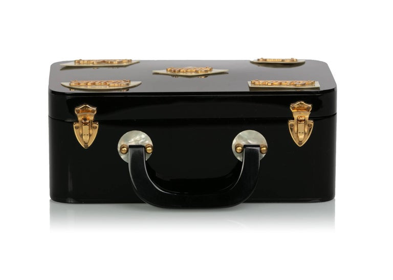 Wilardy Black Lucite Mother of Pearl and Gold Travel Destination Bag,1950s