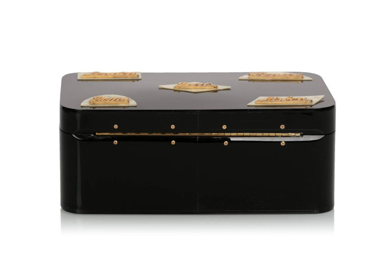 Wilardy Black Lucite Mother of Pearl and Gold Travel Destination Bag,1950s
