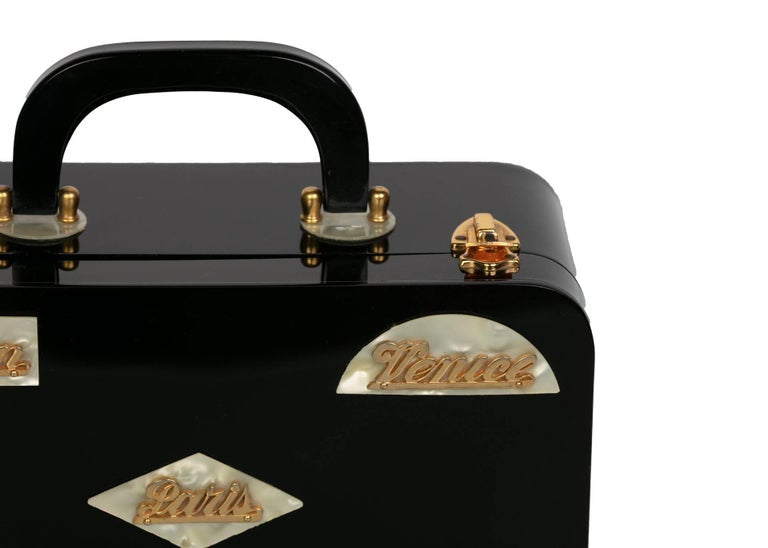 Wilardy Black Lucite Mother of Pearl and Gold Travel Destination Bag,1950s