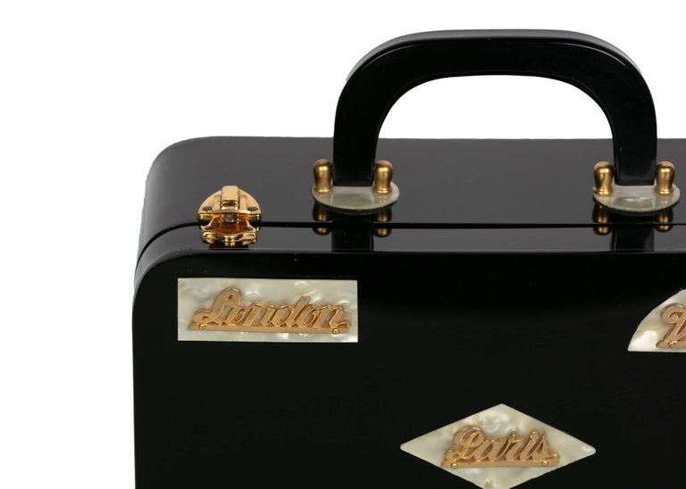 Wilardy Black Lucite Mother of Pearl and Gold Travel Destination Bag,1950s