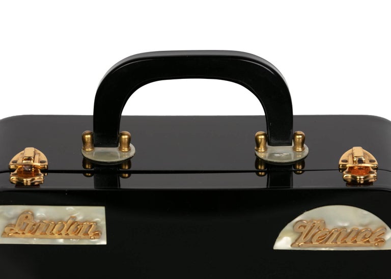 Wilardy Black Lucite Mother of Pearl and Gold Travel Destination Bag,1950s