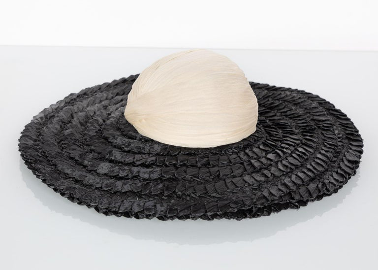 Galanos Couture Ivory Silk Black Raffia Hat