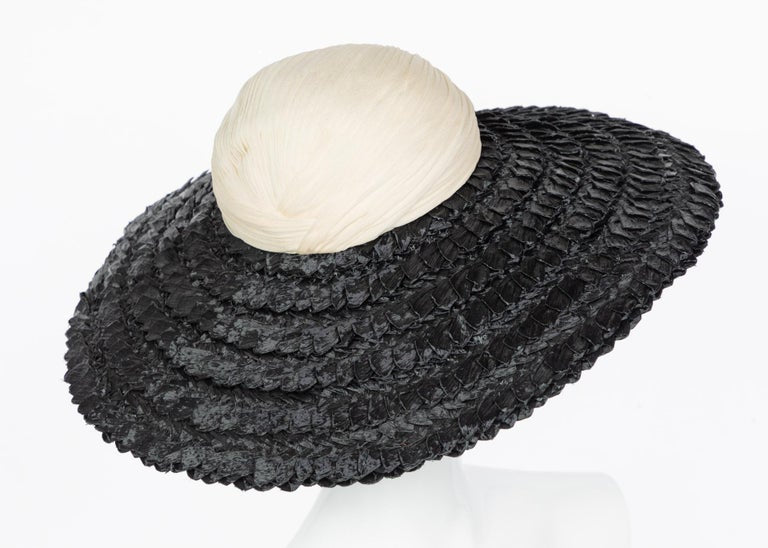 Galanos Couture Ivory Silk Black Raffia Hat
