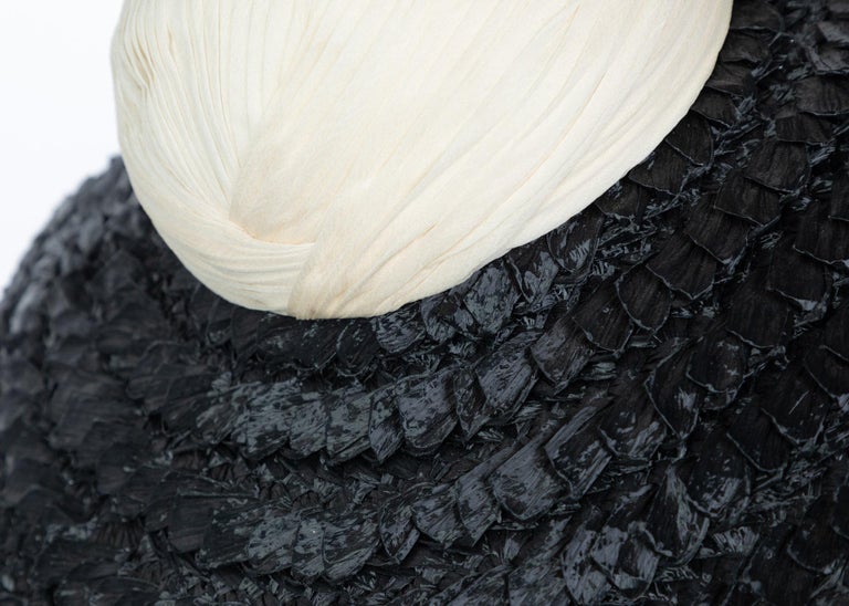 Galanos Couture Ivory Silk Black Raffia Hat