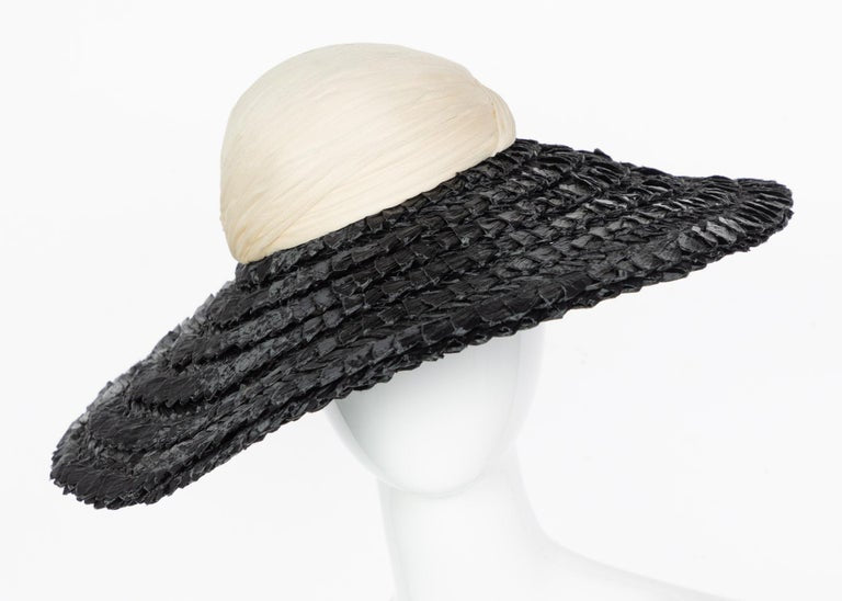 Galanos Couture Ivory Silk Black Raffia Hat