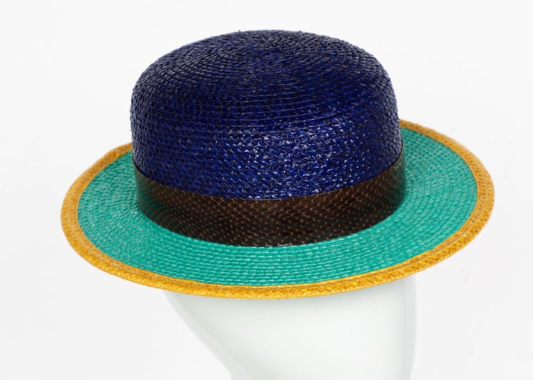 Yves Saint Laurent Glossy Color Block Snakeskin Trim Bowler Hat YSL, 1990s