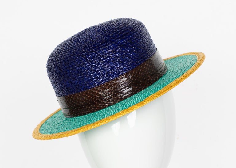 Yves Saint Laurent Glossy Color Block Snakeskin Trim Bowler Hat YSL, 1990s