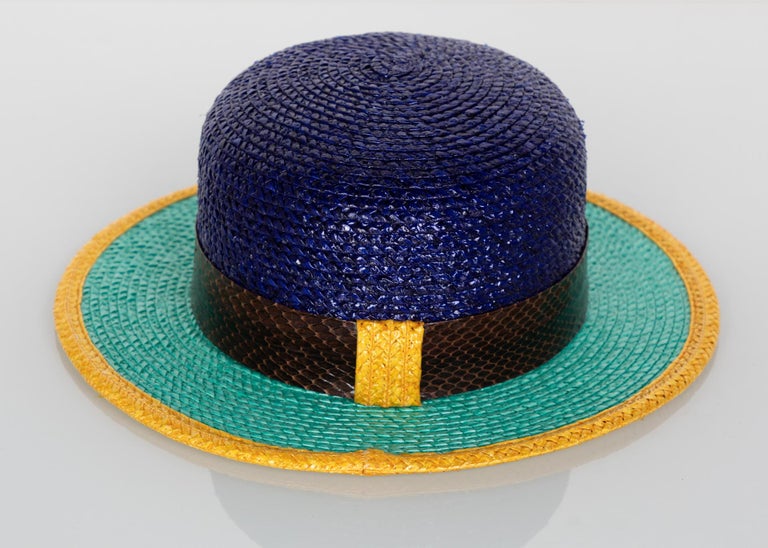 Yves Saint Laurent Glossy Color Block Snakeskin Trim Bowler Hat YSL, 1990s