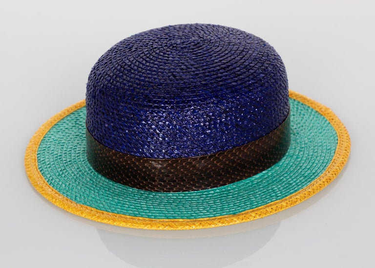Yves Saint Laurent Glossy Color Block Snakeskin Trim Bowler Hat YSL, 1990s