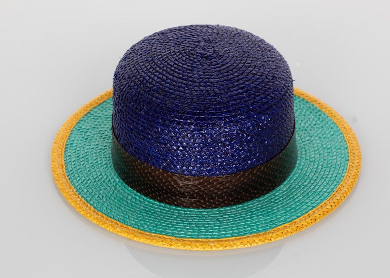 Yves Saint Laurent Glossy Color Block Snakeskin Trim Bowler Hat YSL, 1990s
