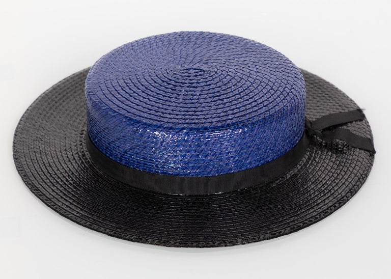 Yves Saint Laurent YSL Vintage Glossy Blue and Black Straw Hat, 1990s