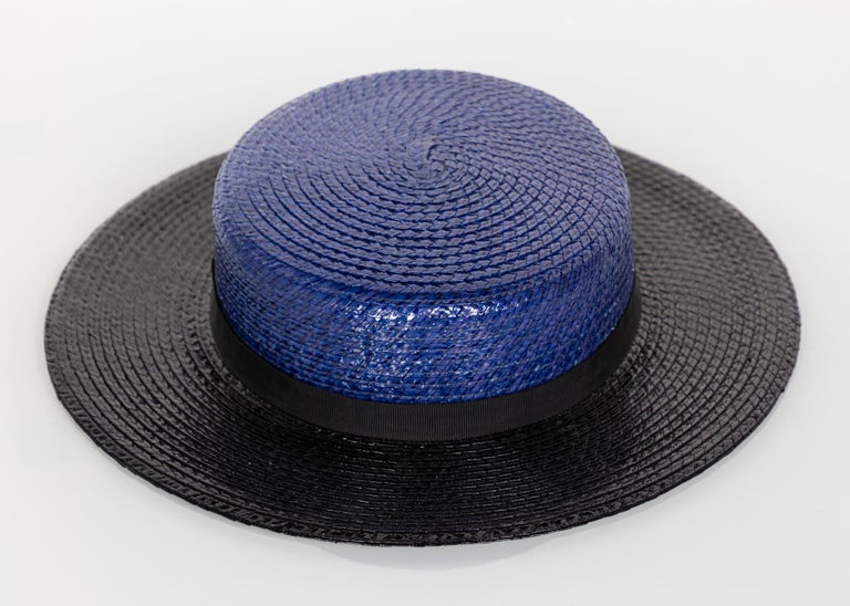 Yves Saint Laurent YSL Vintage Glossy Blue and Black Straw Hat, 1990s