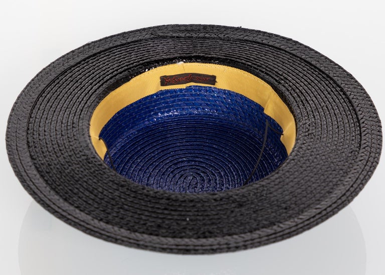 Yves Saint Laurent YSL Vintage Glossy Blue and Black Straw Hat, 1990s