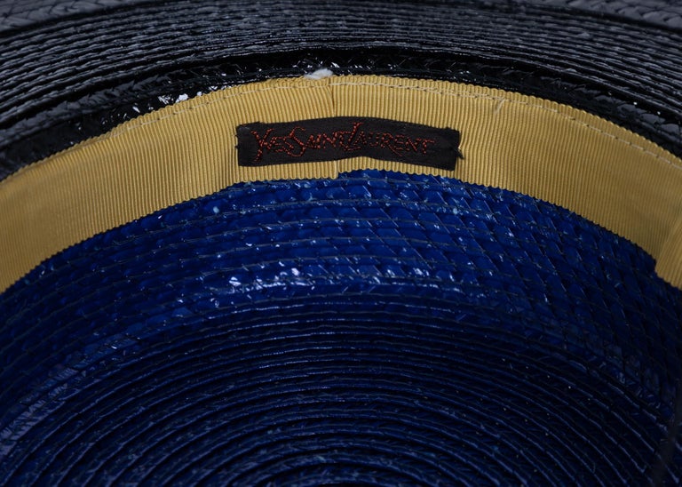 Yves Saint Laurent YSL Vintage Glossy Blue and Black Straw Hat, 1990s