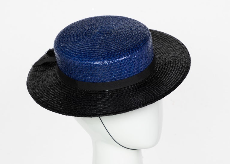 Yves Saint Laurent YSL Vintage Glossy Blue and Black Straw Hat, 1990s