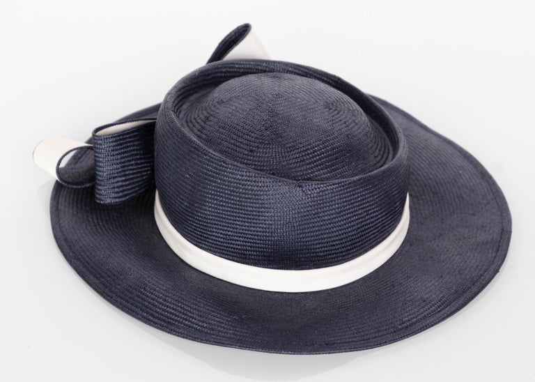 Oscar de la Renta Navy White Bow Straw Hat