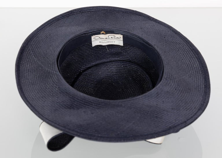Oscar de la Renta Navy White Bow Straw Hat