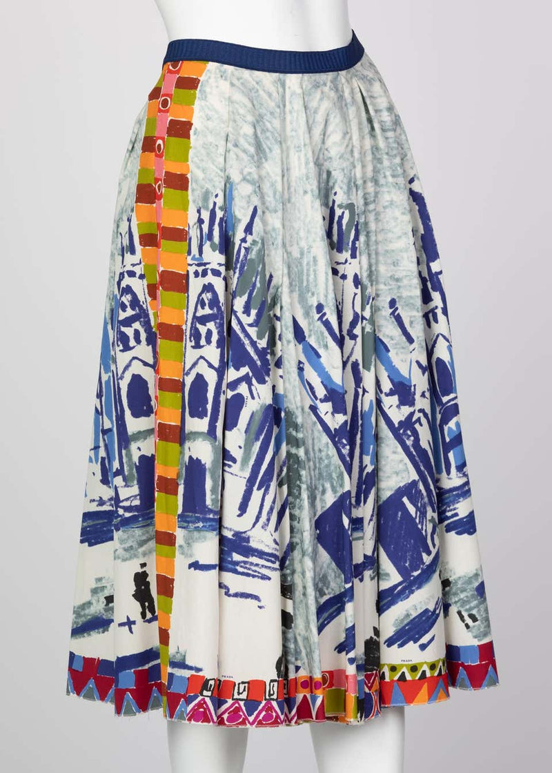 Prada Runway Postcard Print Cotton Circle Skirt, 2004