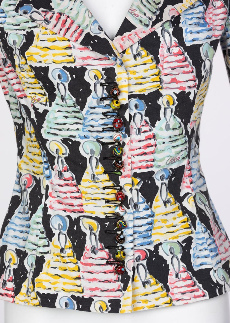 Chloé Karl Lagerfeld Brushstroke Figural Print Painted Buttons Blazer, 1996