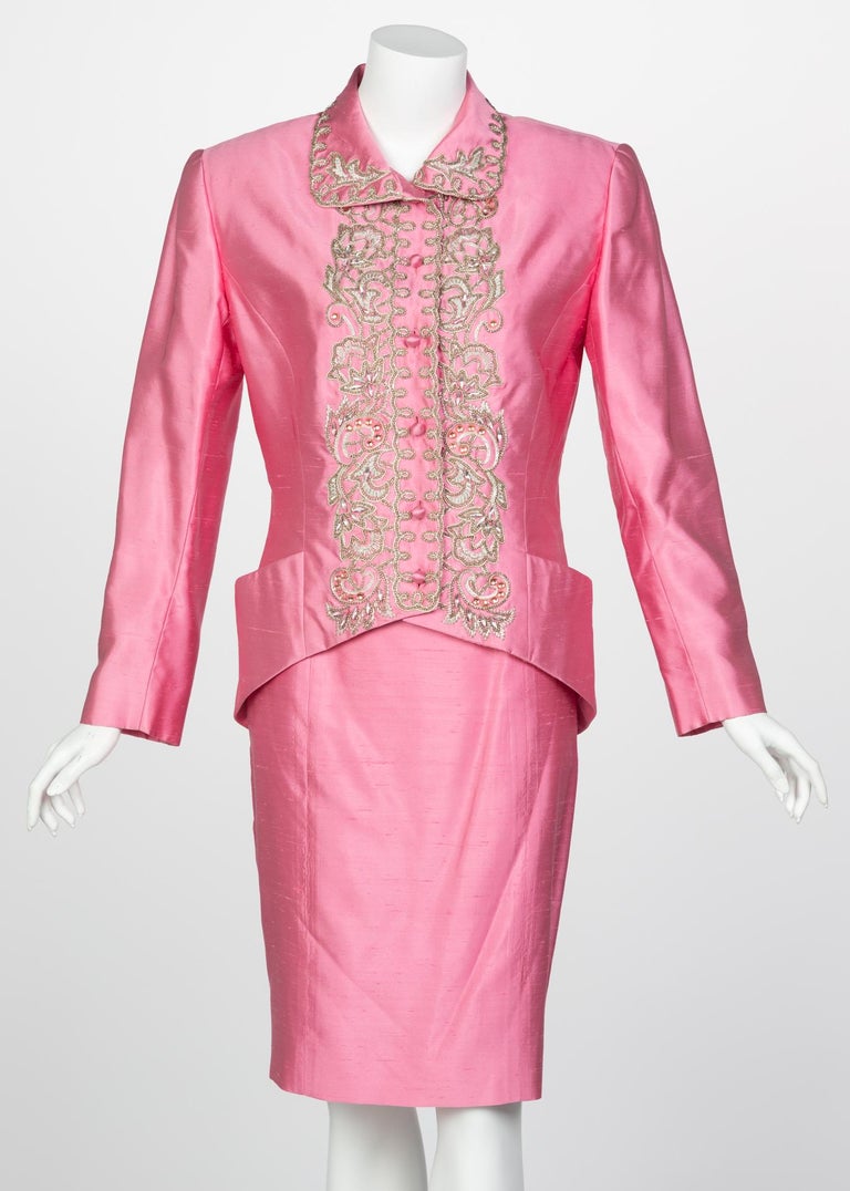 Vintage Chloé Pink Silk Shantung Embroidered Beaded Skirt Suit