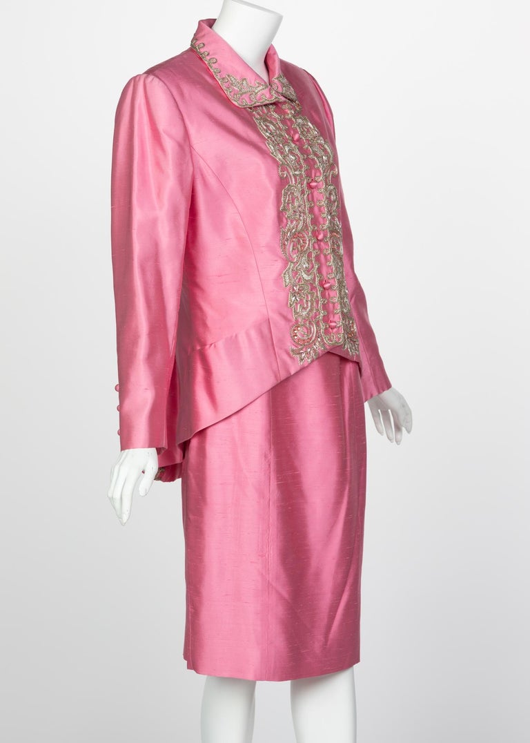 Vintage Chloé Pink Silk Shantung Embroidered Beaded Skirt Suit