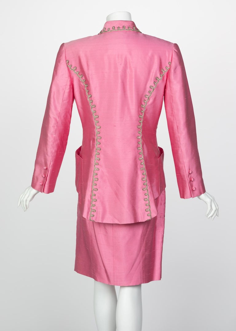 Vintage Chloé Pink Silk Shantung Embroidered Beaded Skirt Suit