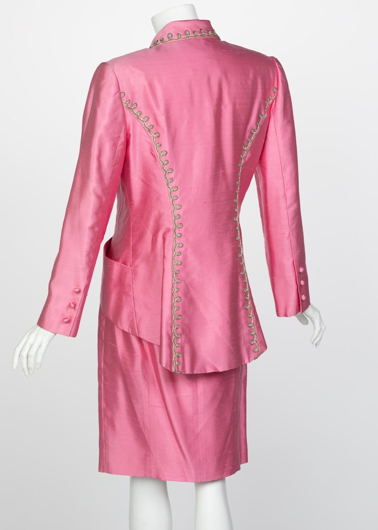 Vintage Chloé Pink Silk Shantung Embroidered Beaded Skirt Suit