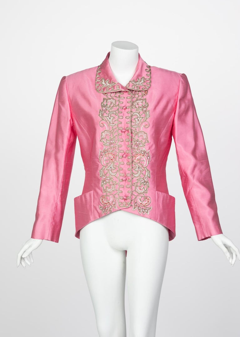 Vintage Chloé Pink Silk Shantung Embroidered Beaded Skirt Suit