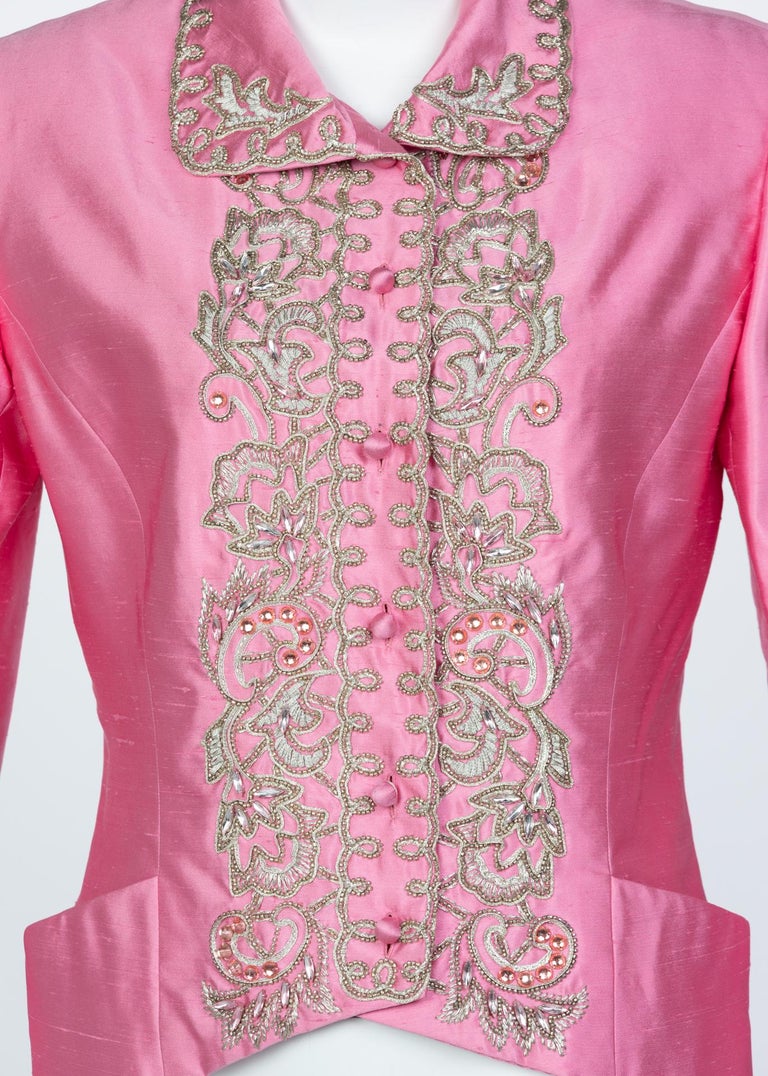 Vintage Chloé Pink Silk Shantung Embroidered Beaded Skirt Suit