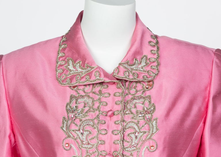 Vintage Chloé Pink Silk Shantung Embroidered Beaded Skirt Suit