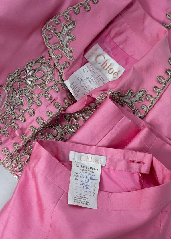 Vintage Chloé Pink Silk Shantung Embroidered Beaded Skirt Suit