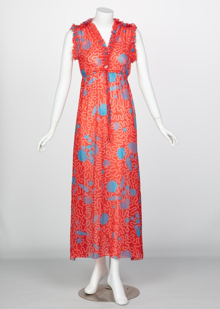 Zandra Rhodes Red Pleated Shell print Caftan and Sleeveless Dress Set, 1970s