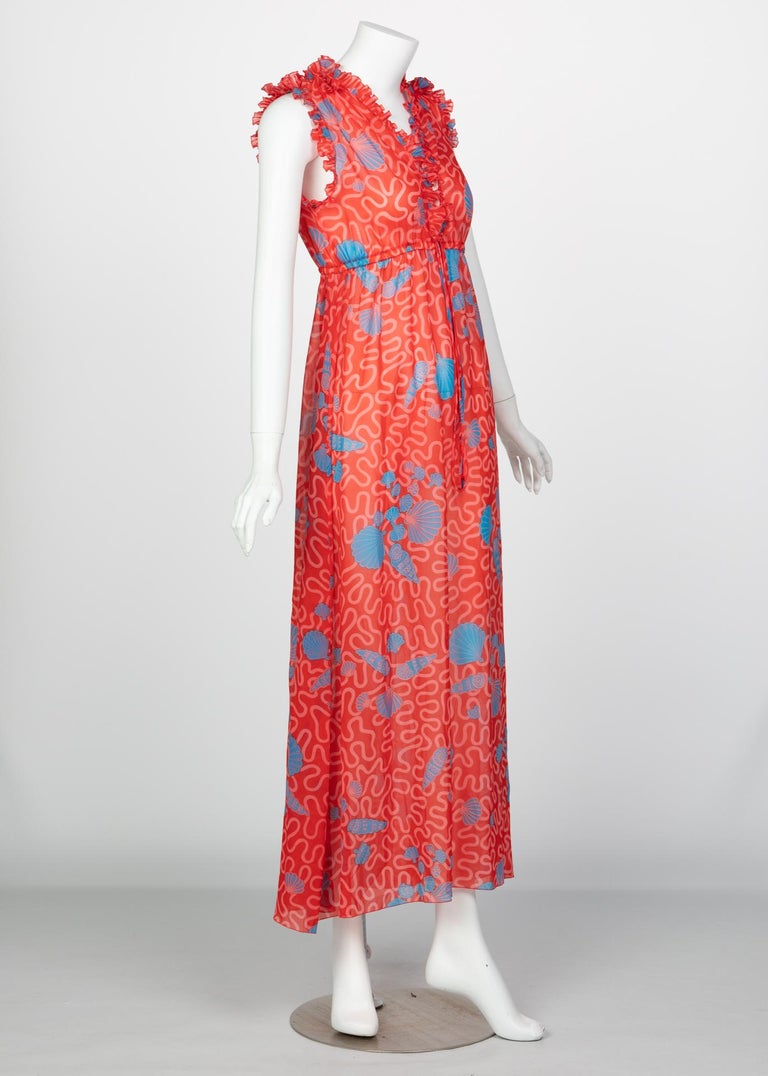 Zandra Rhodes Red Pleated Shell print Caftan and Sleeveless Dress Set, 1970s