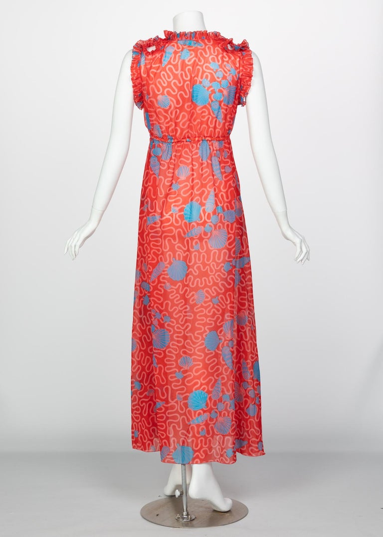 Zandra Rhodes Red Pleated Shell print Caftan and Sleeveless Dress Set, 1970s