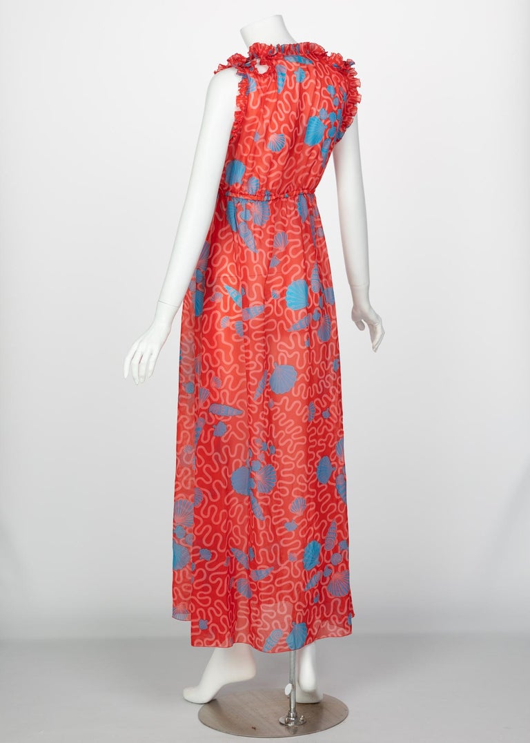 Zandra Rhodes Red Pleated Shell print Caftan and Sleeveless Dress Set, 1970s