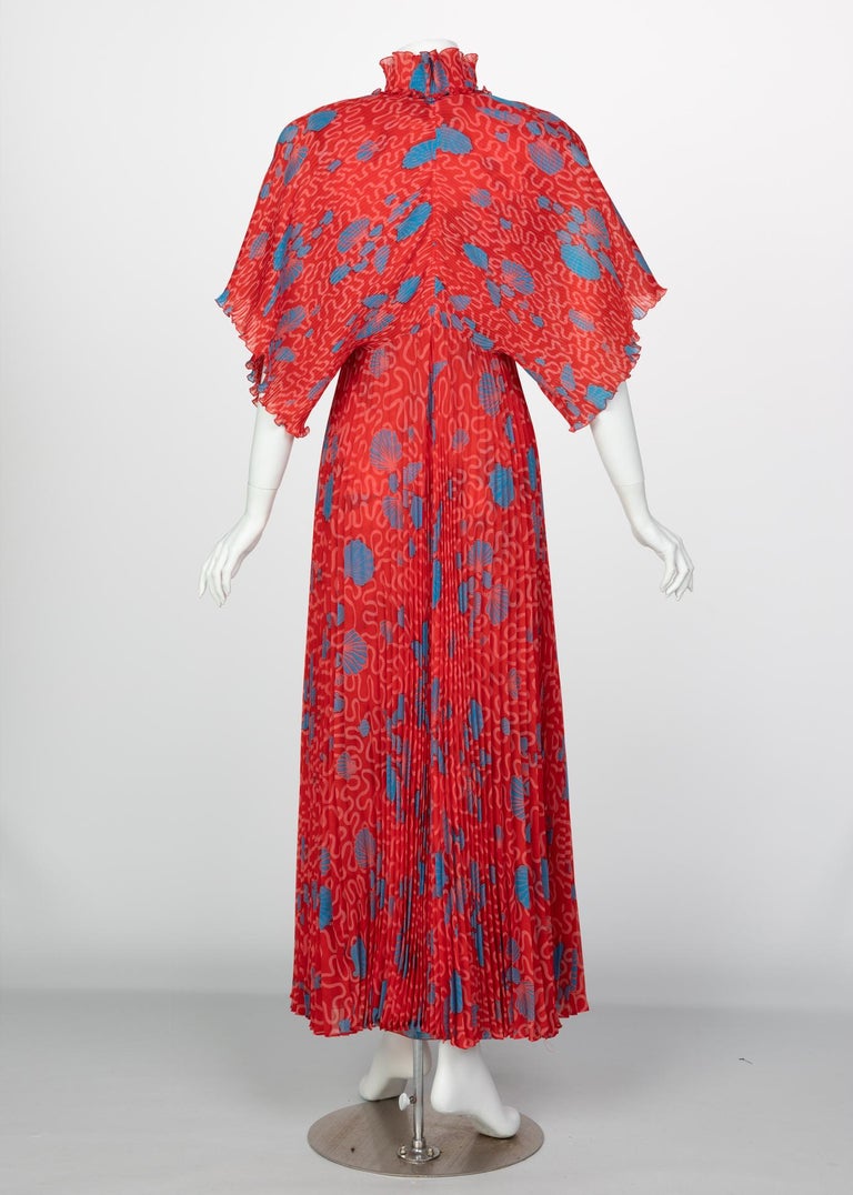 Zandra Rhodes Red Pleated Shell print Caftan and Sleeveless Dress Set, 1970s