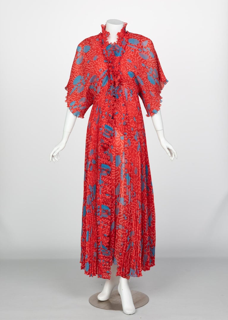 Zandra Rhodes Red Pleated Shell print Caftan and Sleeveless Dress Set, 1970s