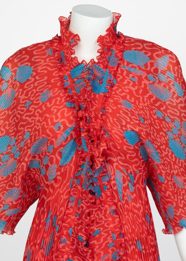 Zandra Rhodes Red Pleated Shell print Caftan and Sleeveless Dress Set, 1970s