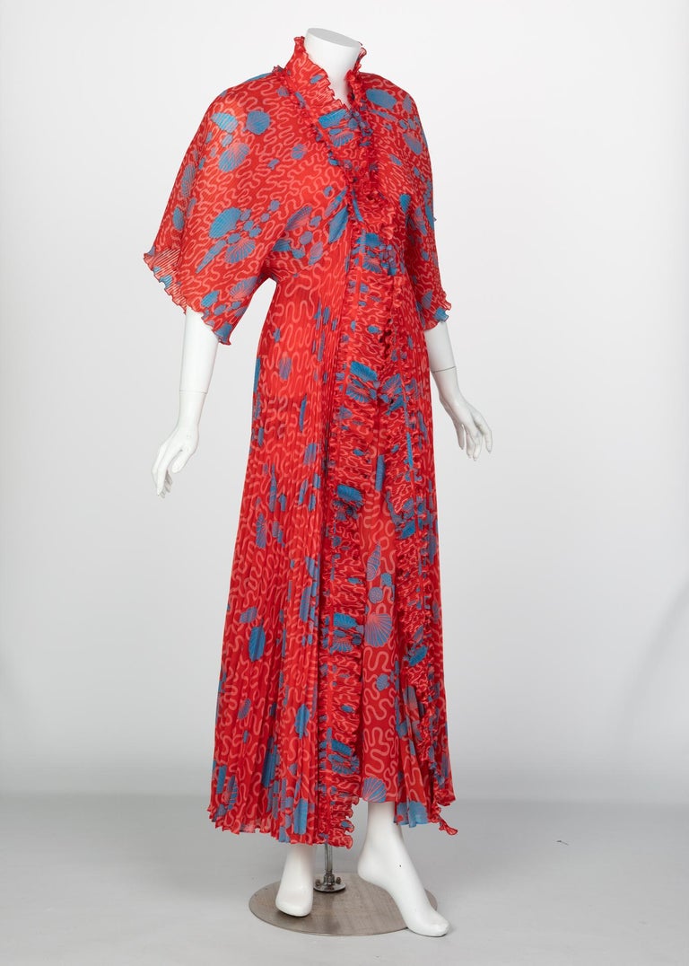Zandra Rhodes Red Pleated Shell print Caftan and Sleeveless Dress Set, 1970s