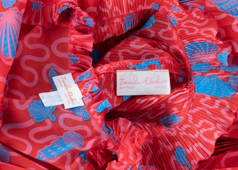 Zandra Rhodes Red Pleated Shell print Caftan and Sleeveless Dress Set, 1970s
