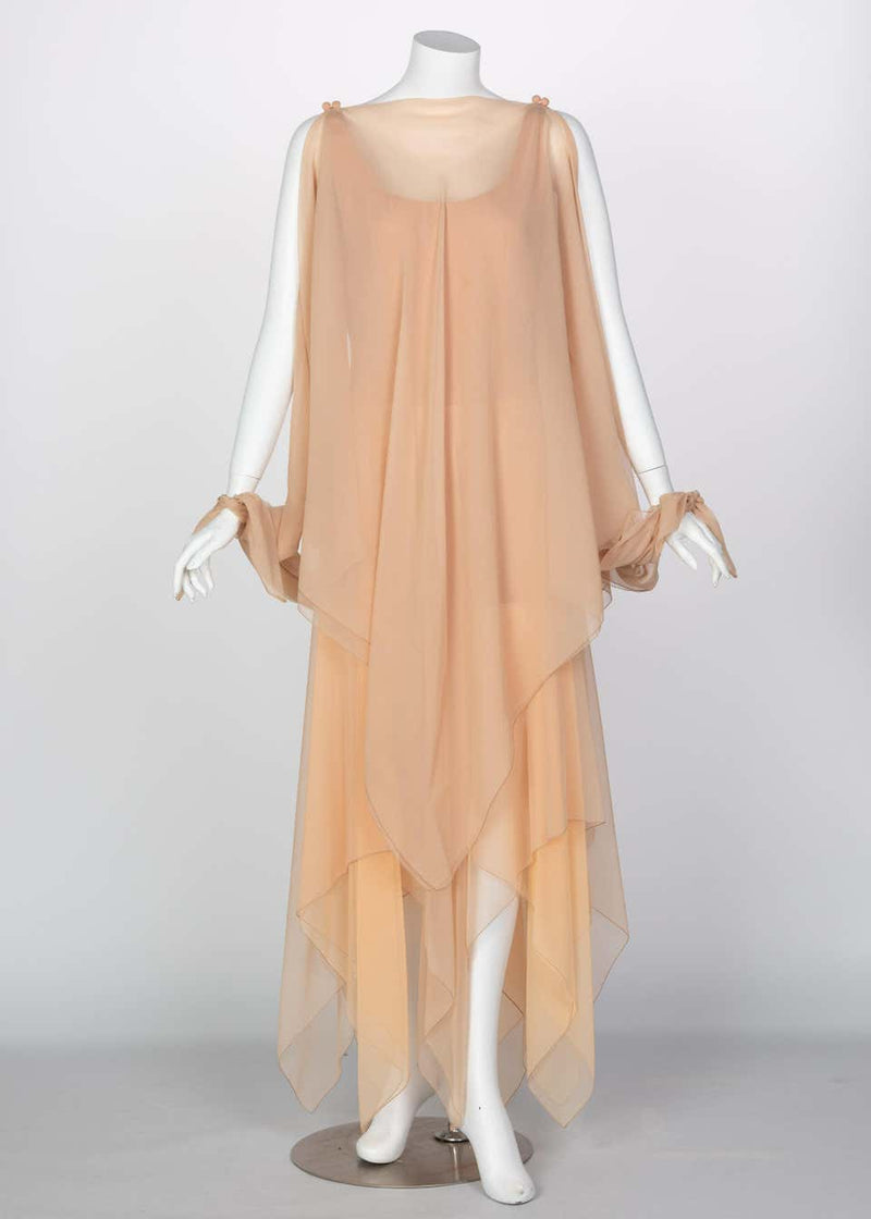 Bob Mackie Ray Aghayan Peach Chiffon Layered Dress Cape Shawl