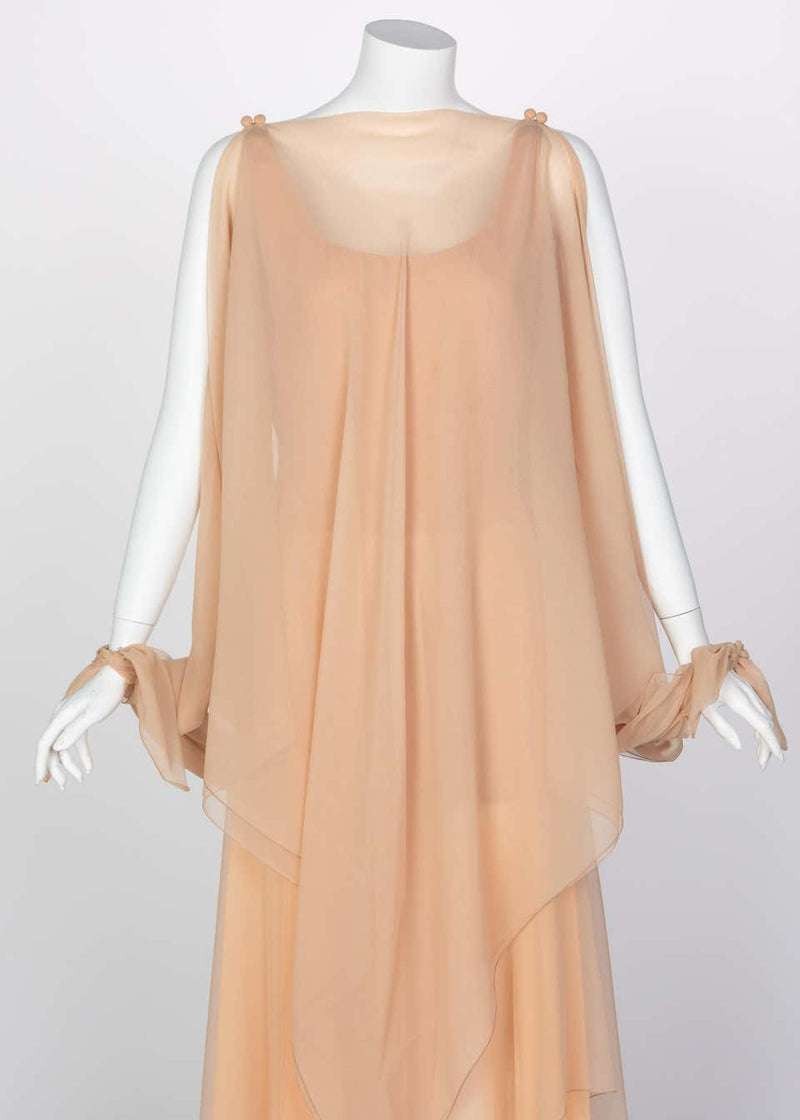 Bob Mackie Ray Aghayan Peach Chiffon Layered Dress Cape Shawl
