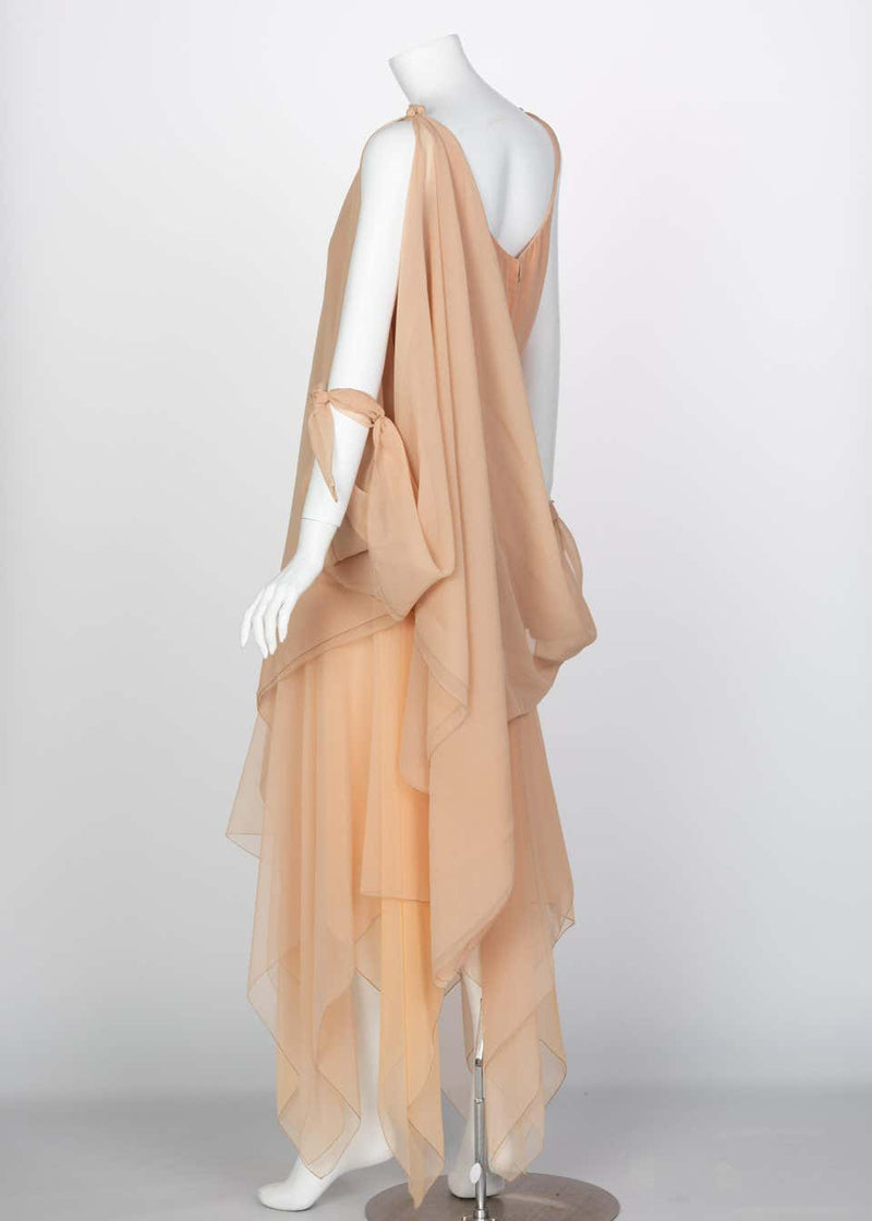 Bob Mackie Ray Aghayan Peach Chiffon Layered Dress Cape Shawl