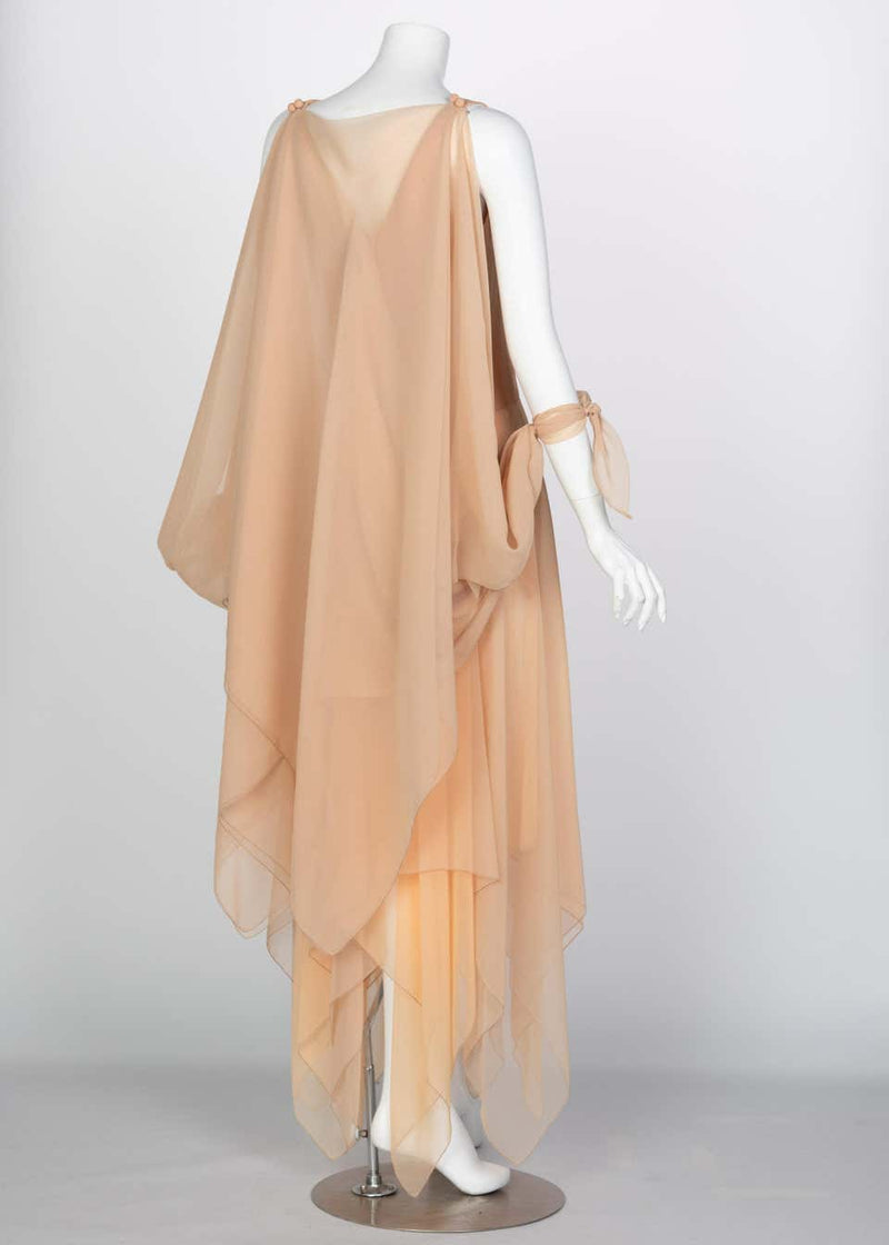 Bob Mackie Ray Aghayan Peach Chiffon Layered Dress Cape Shawl