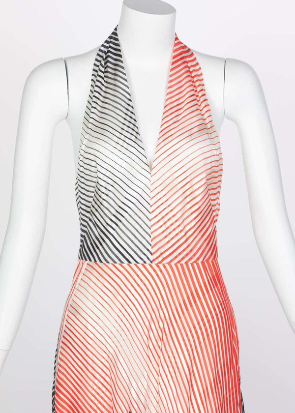 Vintage Red Navy Creme Striped Silk Halter Gown Feather Shawl, 1970s