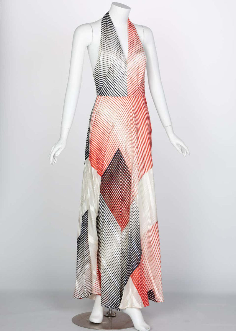 Vintage Red Navy Creme Striped Silk Halter Gown Feather Shawl, 1970s