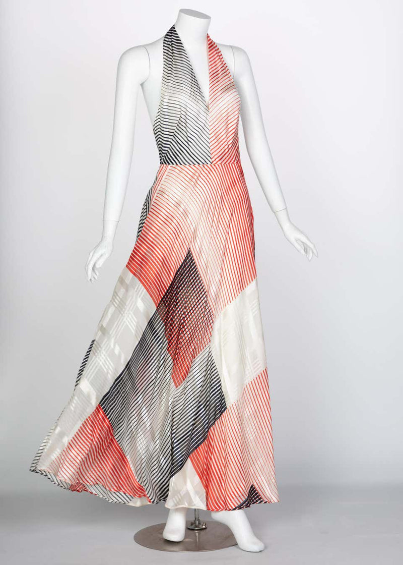 Vintage Red Navy Creme Striped Silk Halter Gown Feather Shawl, 1970s
