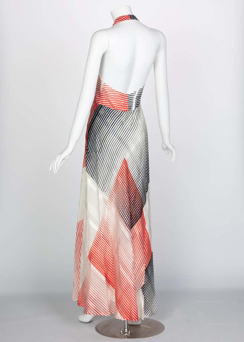 Vintage Red Navy Creme Striped Silk Halter Gown Feather Shawl, 1970s