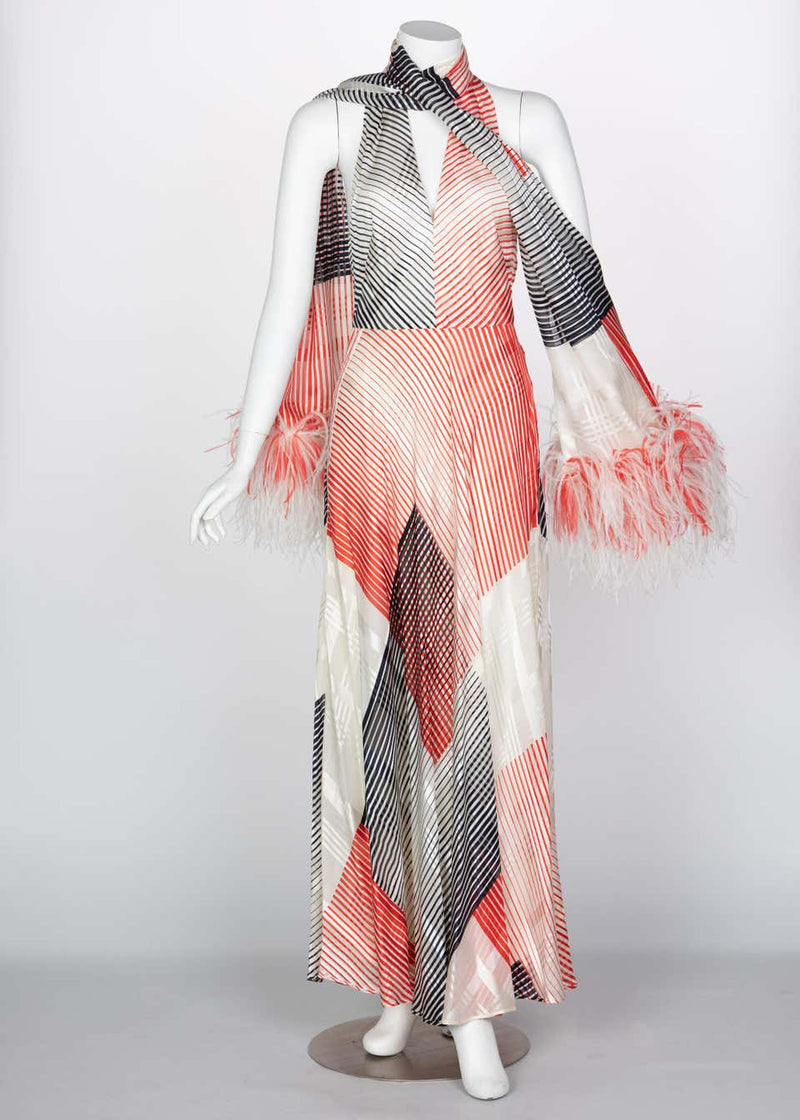 Vintage Red Navy Creme Striped Silk Halter Gown Feather Shawl, 1970s