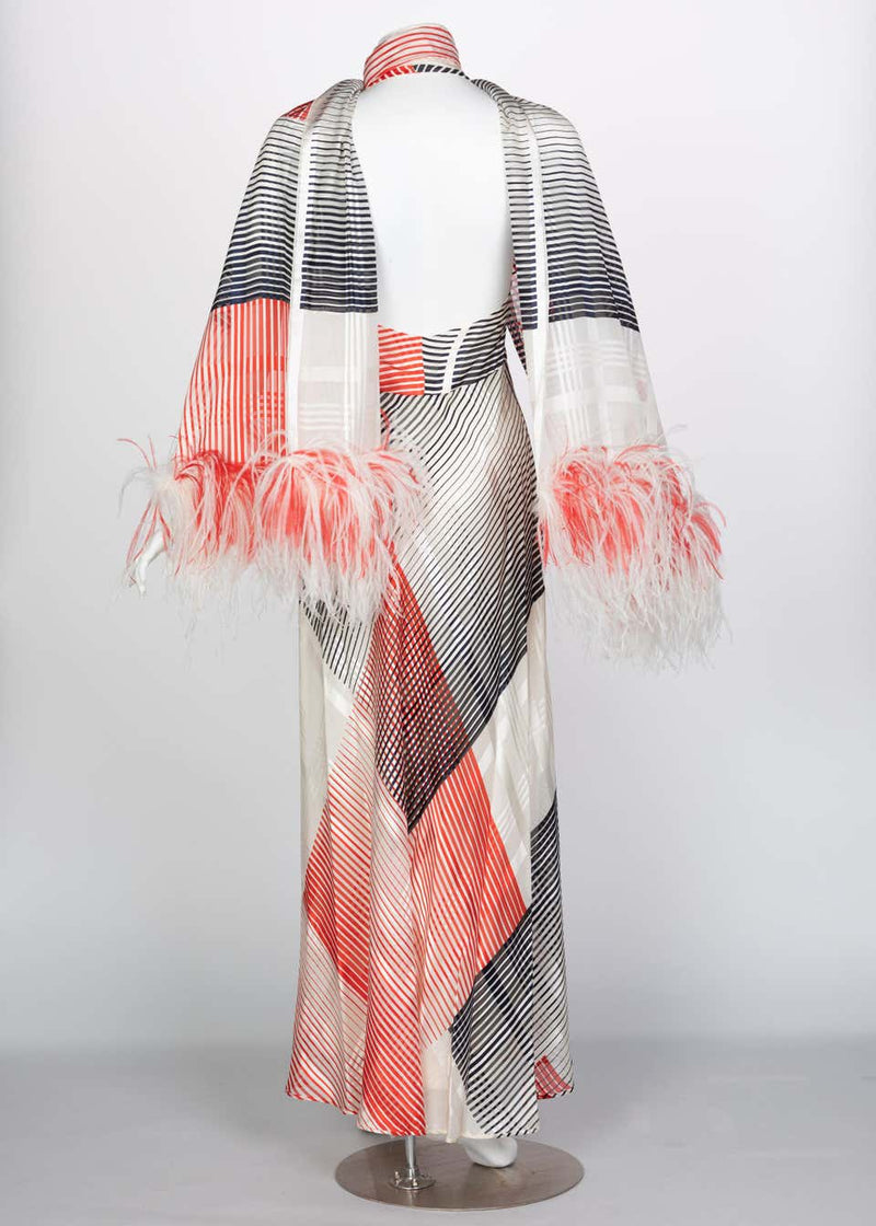 Vintage Red Navy Creme Striped Silk Halter Gown Feather Shawl, 1970s